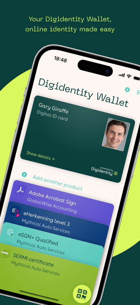 Digidentity Wallet - Digidentity Wallet app interface showing a digital identity card and professional service certificates