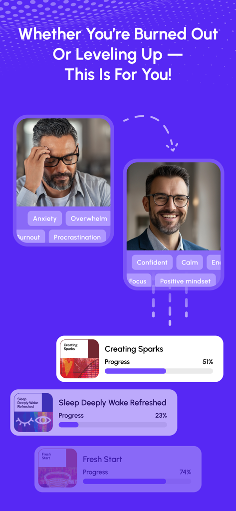 MINDTRX: Self Help & Mindset - Un hombre transitando de sentirse ansioso y agotado a seguro y tranquilo usando la aplicación de mentalidad MINDTRX.