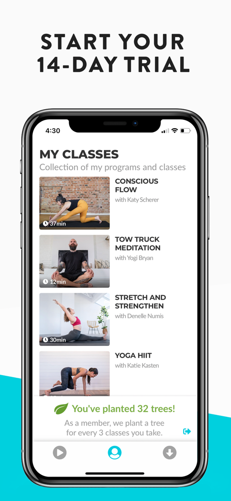 YouAligned App-Oberfläche, die eine Liste von Yoga- und Meditationskursen sowie einen Fortschrittstracker für die Baumpflanzung anzeigt