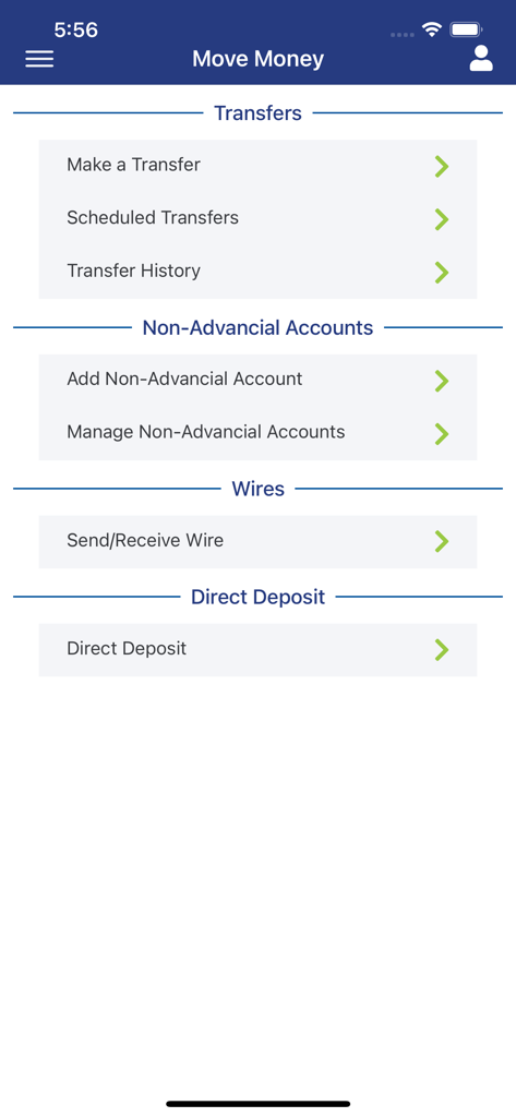 Advancial - Advancial mobile app Move Money screen showing transfer wire and direct deposit options