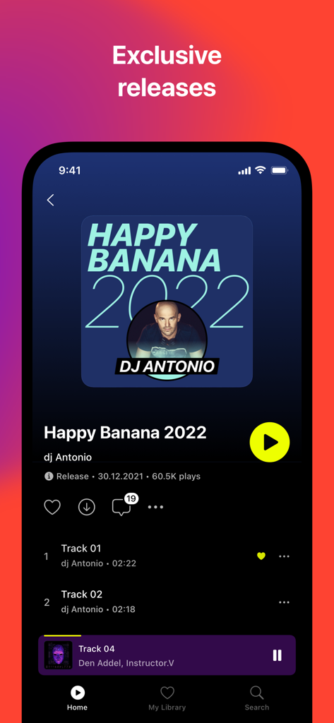 Bananastreet app interface displaying exclusive EDM music releases and a DJ mix by DJ Antonio.