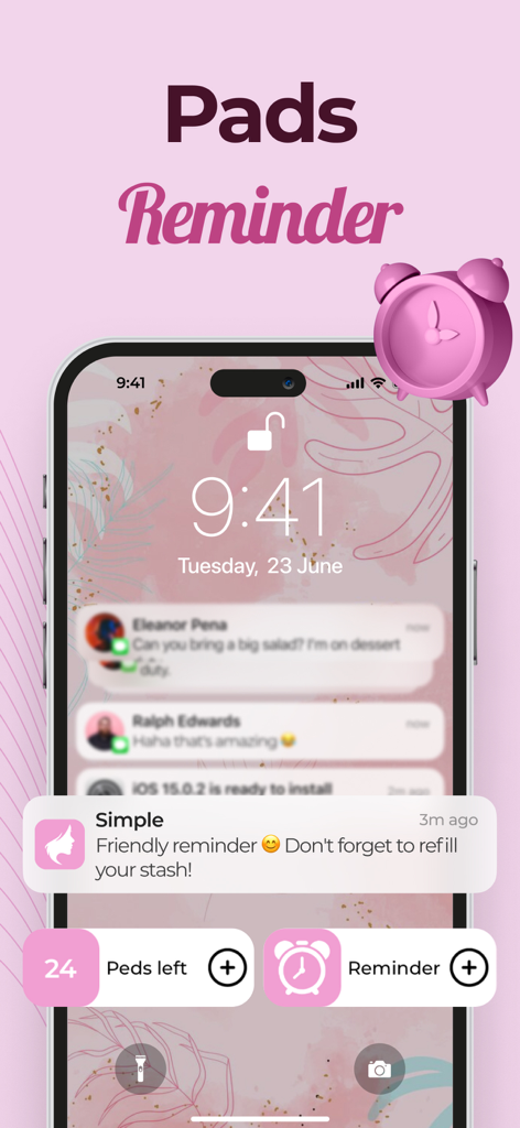 Simple Period Tracker - iPhone notification from Simple Period Tracker reminding the user to refill their pads and tampons