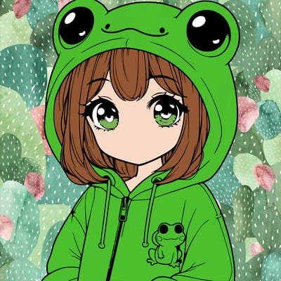 cute realistic girl in a froggy hoodie