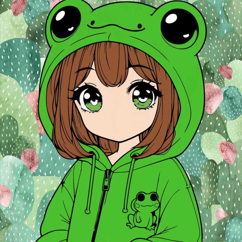 cute realistic girl in a froggy hoodie