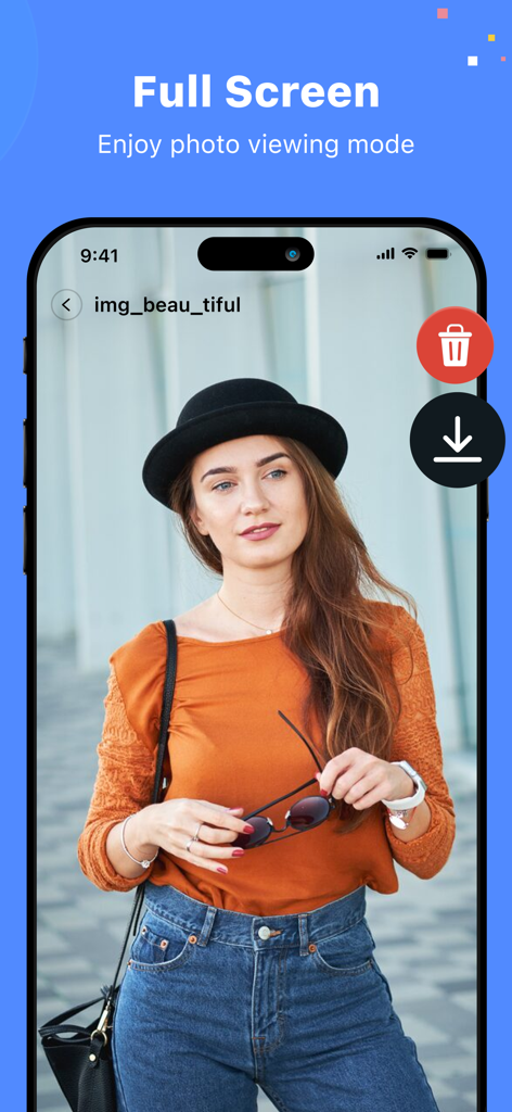 MobiSaver: Data&Photo Recovery - MobiSaver app interface displaying a full screen photo of a woman with delete and download buttons