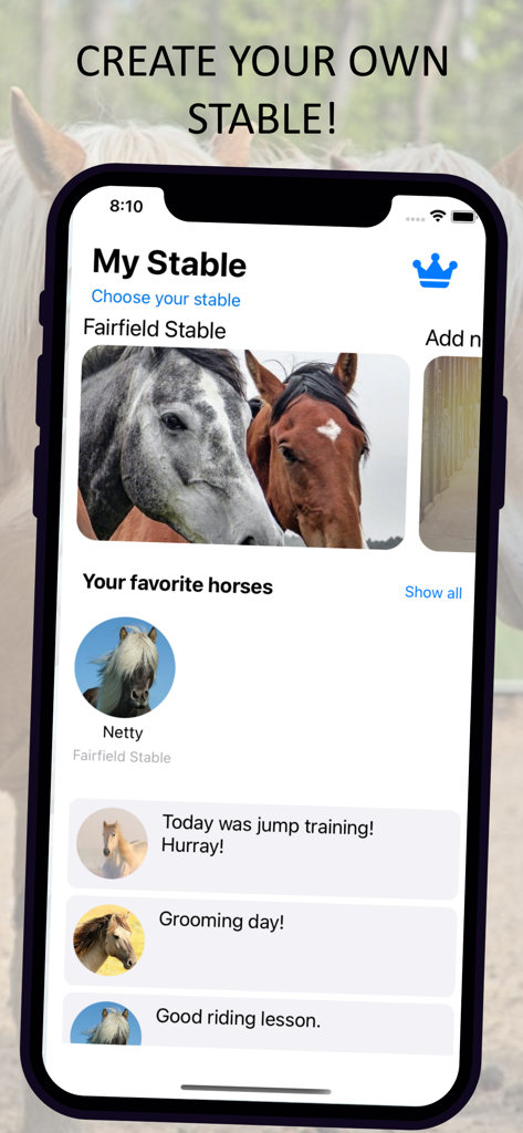 My Stable - A screenshot of the My Stable app interface showing a horse management dashboard with diary entries and favorite horses.