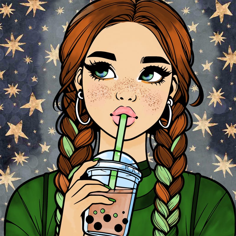 realistic girl with braided hair drinking boba