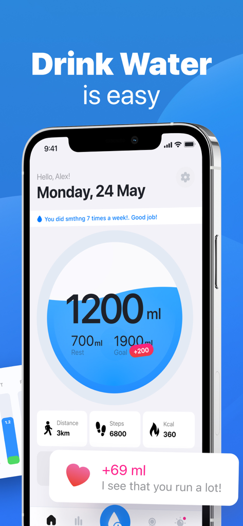 Dashboard of Yuka app showing daily water intake goal and activity metrics like steps and calories