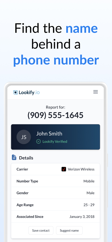 Lookify - Reverse Phone Lookup - Lookify app screen showing name and details for a reverse phone number search