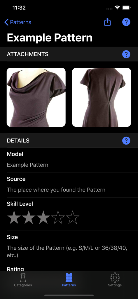 Sewing Patterns - Screen showing details of a sewing pattern including photos of the garment and skill level information.