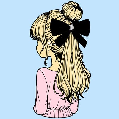 realistic girl  with hip length hair a bun and a big bow on the back of head