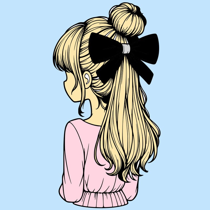 realistic girl  with hip length hair a bun and a big bow on the back of head