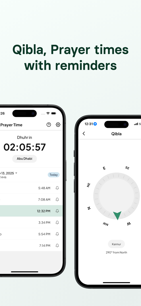Al Adkar - Interfaz de la aplicación móvil Al Adkar que muestra horarios de oración con recordatorios y una brújula Qibla
