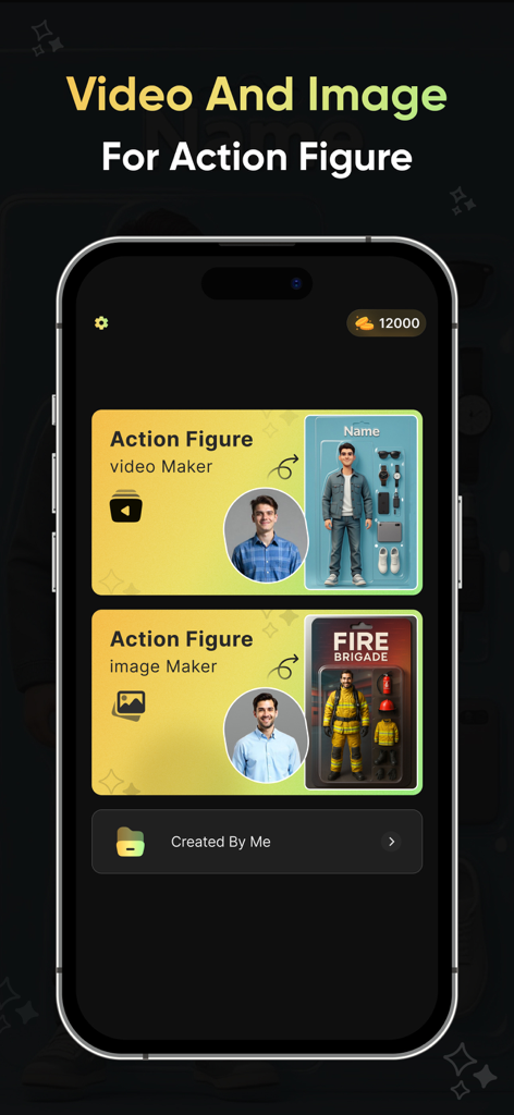 Interface do aplicativo móvel mostrando opções para criação de vídeo e imagem de figura de ação