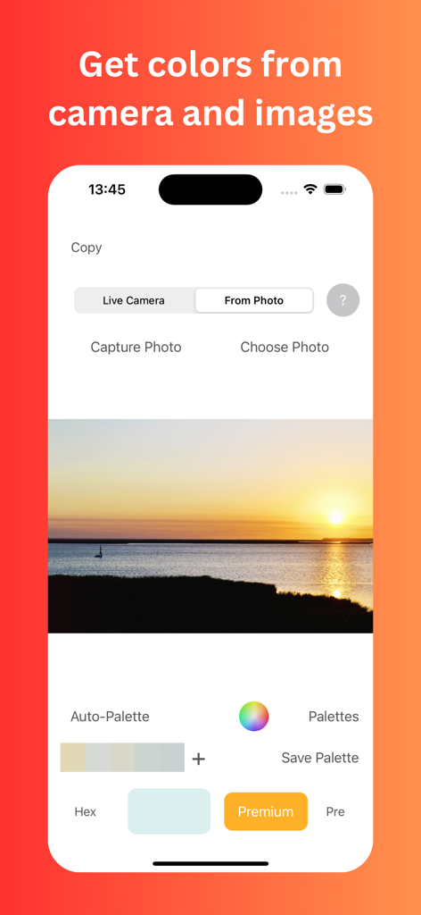 Color Identifier - 일몰 사진에서 색상 팔레트를 추출한 Color Identifier 앱 인터페이스 표시
