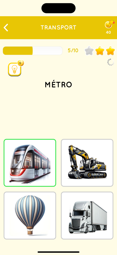 A vocabulary quiz screen in the Learn French app showing the word Metro and images of different transport vehicles