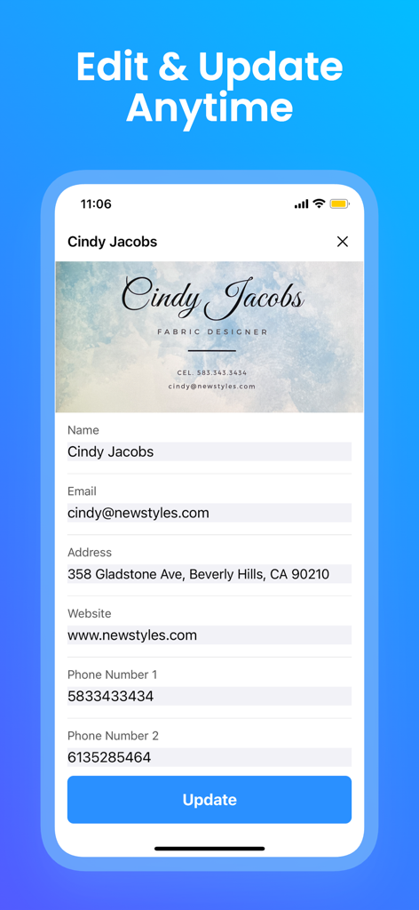 Business Card Scanner - BCR - Bildschirm einer mobilen App, der bearbeitbare Kontaktinformationen für eine gescannte Visitenkarte anzeigt, einschließlich Name, E-Mail und Adresse