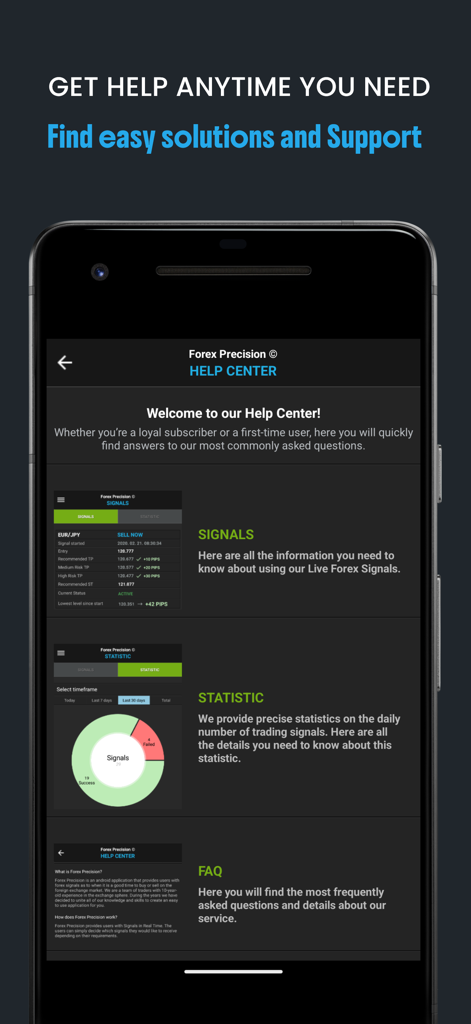 Forex Precision app help center screen showing trading signals and performance statistics.