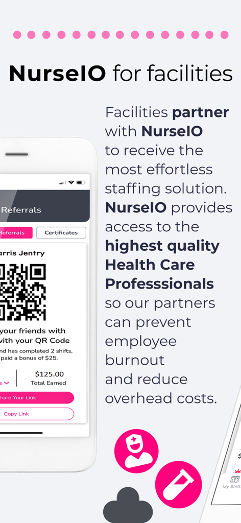 NurseIO - NurseIO app interface showing staffing solutions for healthcare facilities.