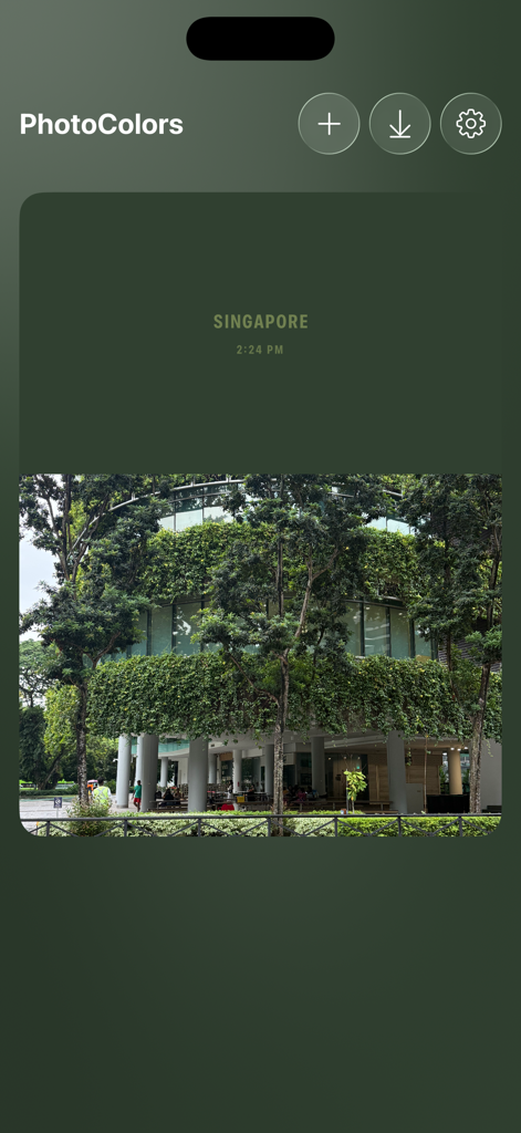 PhotoColors - Aplicación PhotoColors que muestra una tarjeta de foto con metadatos para una imagen tomada en Singapur