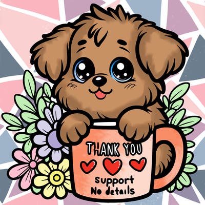 a really cute puppy holding a thank you for support mug with flowers everywhere