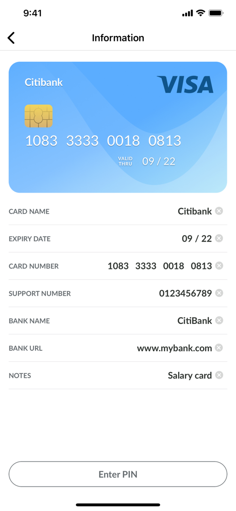 Mobile app screen displaying stored credit card information including bank name card number and expiry date in SafePin