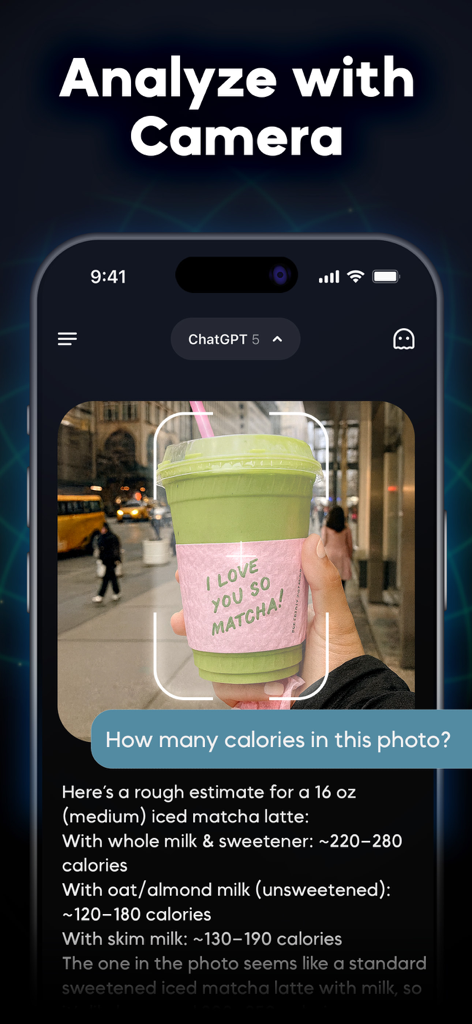 ChatPrime AI app using its camera analysis feature to estimate calories in a matcha latte photo.