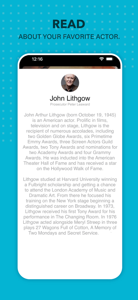 MyFlixer : Movies & Series Hub - MyFlixer app screen displaying the biography and photo of actor John Lithgow