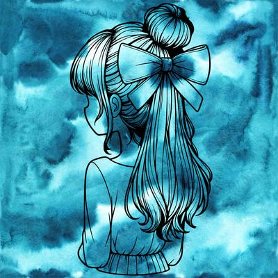 realistic girl  with hip length hair a bun and a big bow on the back of head