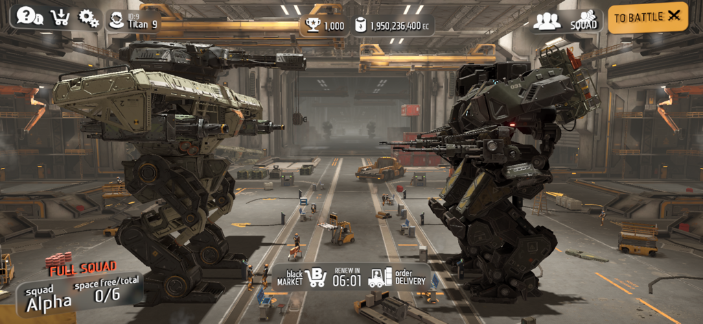 B.o.T - Two giant mechanical titans facing each other in a futuristic hangar from the mobile game B.o.T Battle of Titans.
