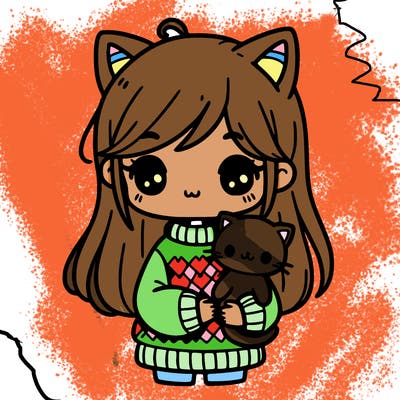 girl wearing a cat-themed sweater holding a cat