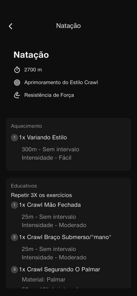 Pantalla detallada del plan de entrenamiento de natación en la aplicación Reebok Sports Club SP