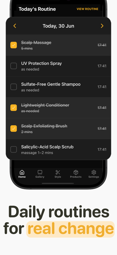 Checklist della routine quotidiana di cura dei capelli nell'app Crown AI che mostra trattamenti per il cuoio capelluto e compiti di toelettatura
