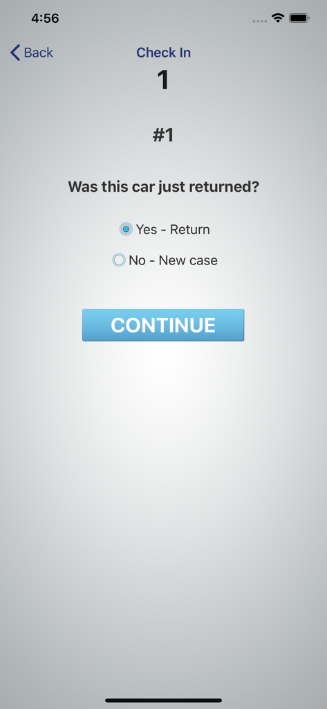 DAMAGE iD - Damage iD app screen for vehicle check in selection between return and new case