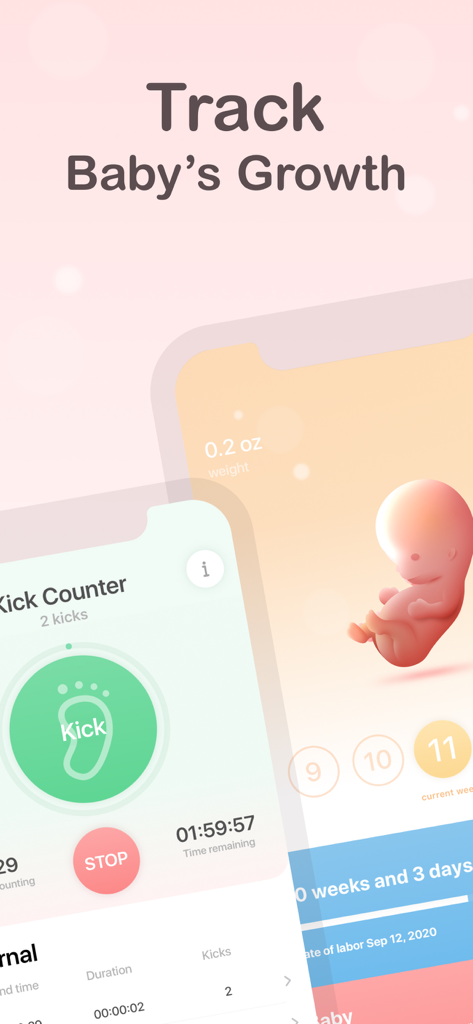 My Pregnancy | Tracker & App - Benutzeroberfläche der App 'Meine Schwangerschaft', die die Verfolgung des Fetalwachstums und ein Trittzähler-Tool zeigt