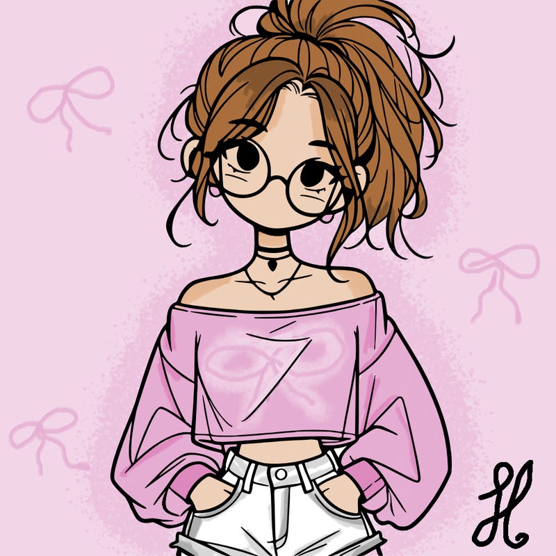 girl with a messy ponytail glasses a baggy crop top and jean shorts