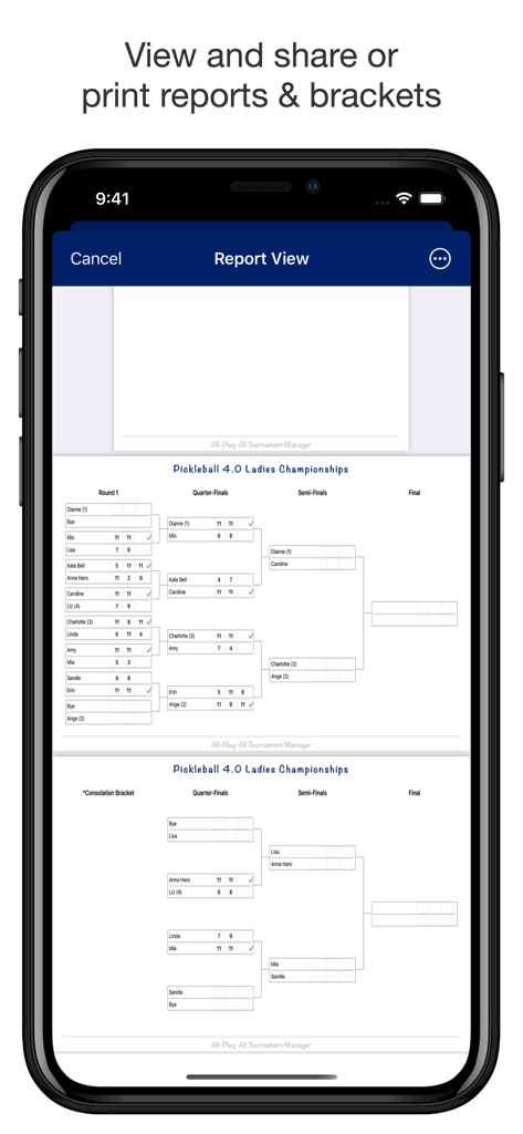 Bracket del campionato di pickleball e visualizzazione del report sull'app mobile