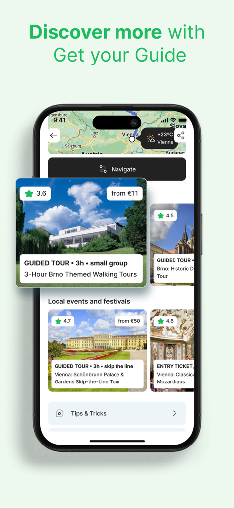 eTOLLs EU: Digital Vignettes - eTOLLs EU app showing travel activities and guided tours in European cities powered by GetYourGuide
