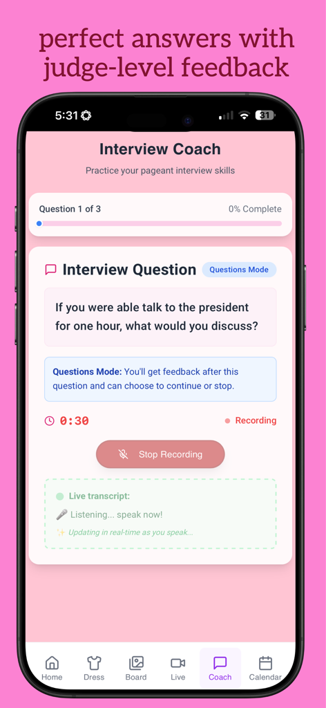 Runway AI - Interface do aplicativo móvel Runway AI mostrando o treinador de entrevistas para concursos de beleza com uma pergunta de prática e funcionalidade de gravação