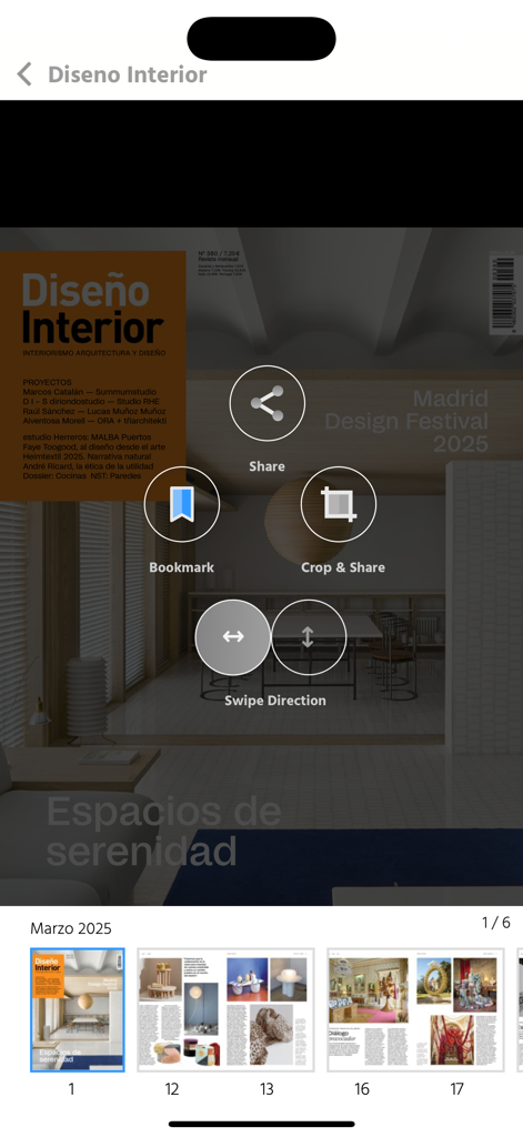 Diseño Interior - Interfaz de la aplicación Diseño Interior mostrando una revista digital interactiva con opciones para compartir y marcar sobre una imagen de diseño de interiores moderno.