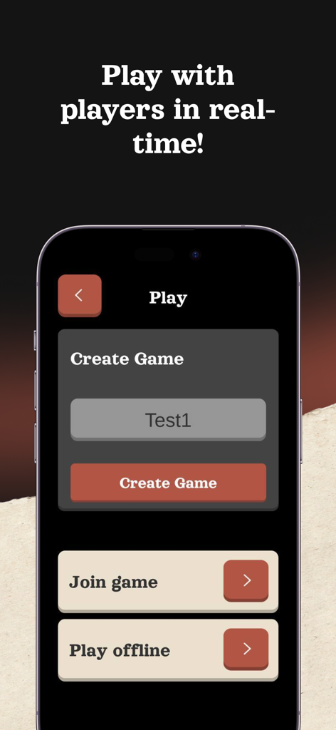 Mafia Online: Find who! - Menú principal de la aplicación Mafia Online con opciones para crear un juego, unirse a un juego o jugar sin conexión.