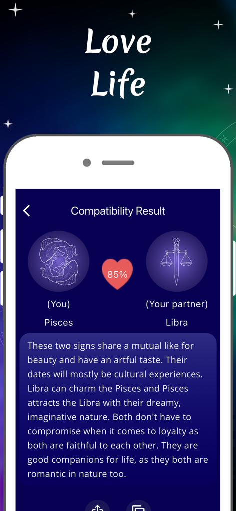 Numerology Future Astrology - 数秘術アプリのインターフェース、魚座と天秤座の間の85％の恋愛相性結果と詳細な関係分析が表示されています