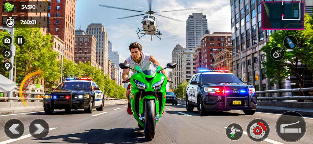 Una moto verde escapando de coches de policía y un helicóptero en un juego de carreras urbanas