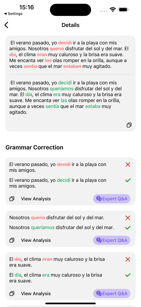 Spanish Grammar Checker - Oberfläche, die spanische Grammatikkorrekturen nebeneinander mit detaillierter Fehleranalyse zeigt
