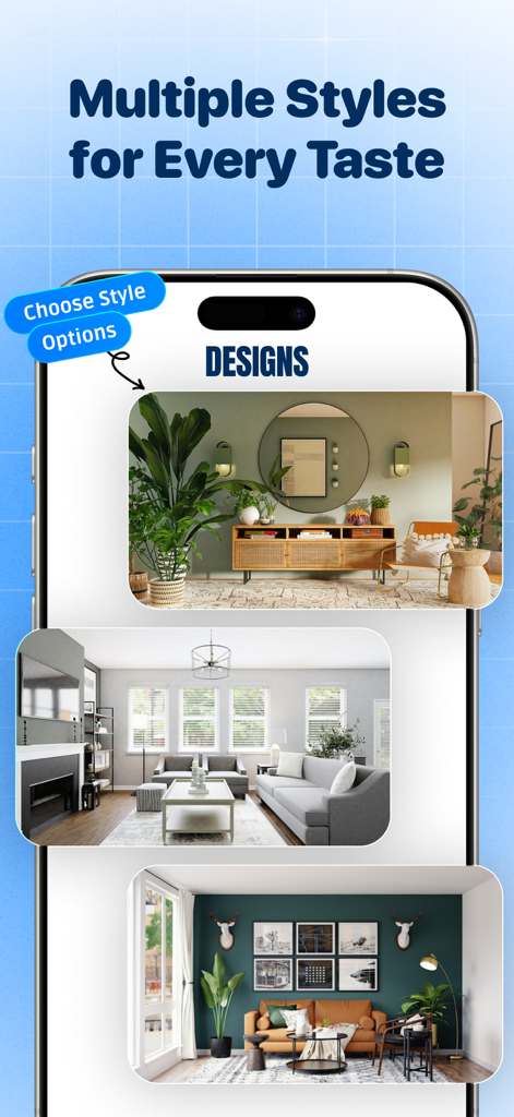AI Room Planner - Baytee - Mobile app screen displaying multiple AI-generated interior design styles for living rooms