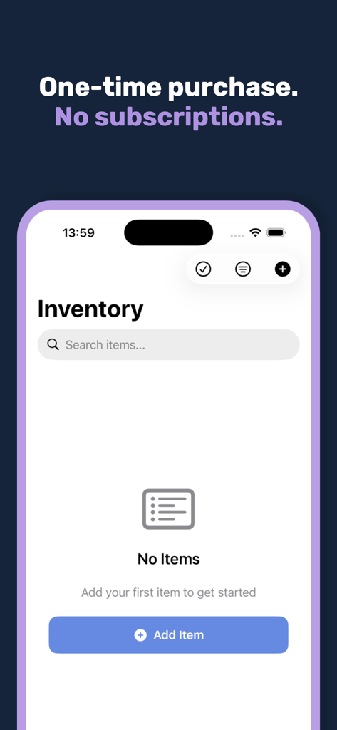 ItemMind – Home Inventory - ItemMind app inventory screen highlighting its one-time purchase model and add item feature