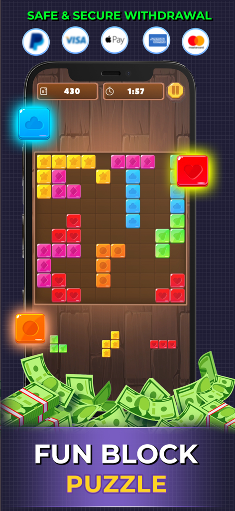 Mobile screen showing block puzzle gameplay with cash prizes and secure withdrawal options like PayPal and Visa