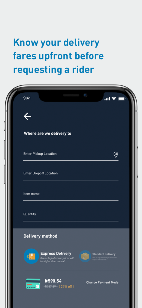 EasyDispatch - EasyDispatch app interface for inputting delivery details and calculating upfront fares