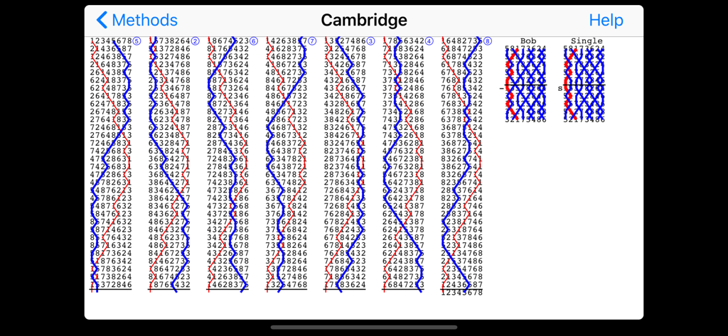 Mobel bell ringing simulator - Blue line diagram for the Cambridge change ringing method in the Mobel app