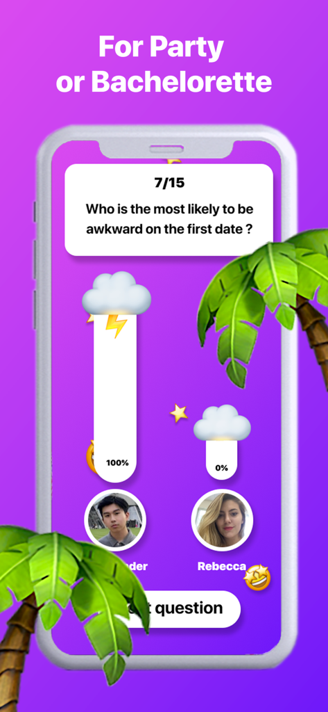 A screenshot of the Exposed app interface showing a Who is most likely to challenge for a party or bachelorette night.